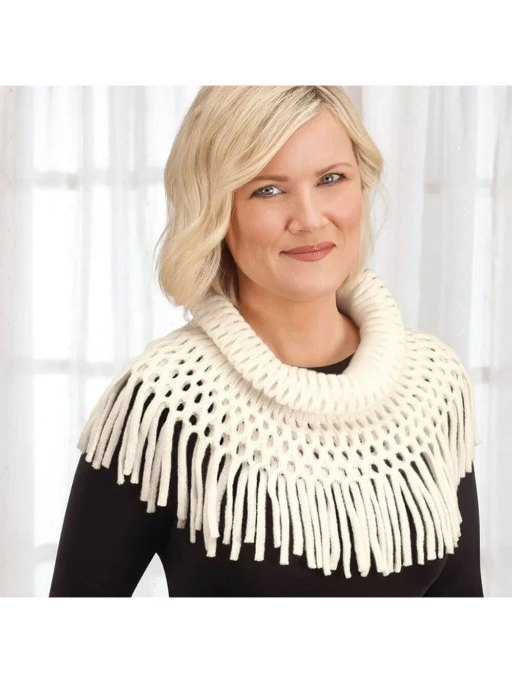 Britts Knits Open Weave Ivory Infinity Scarf with Fringe